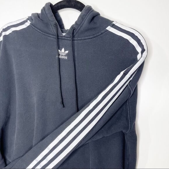 Adidas Black With White Three Stripes Logo Cropped Hooded Sweatshirt Size Small - Picture 6 of 12